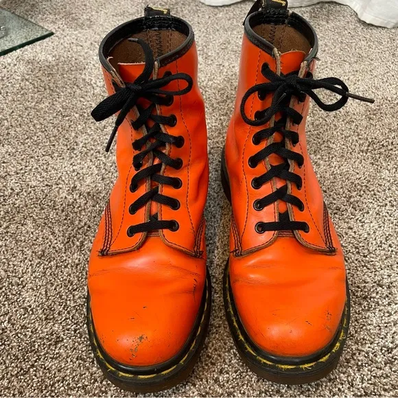 Vintage Dr. Martens Doc Made In England 1460 Orange Smooth Leather Boots UK 7.5