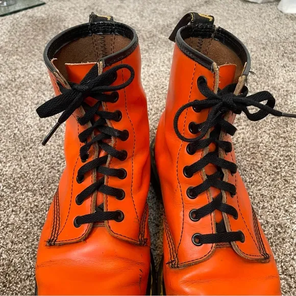 Vintage Dr. Martens Doc Made In England 1460 Orange Smooth Leather Boots UK 7.5