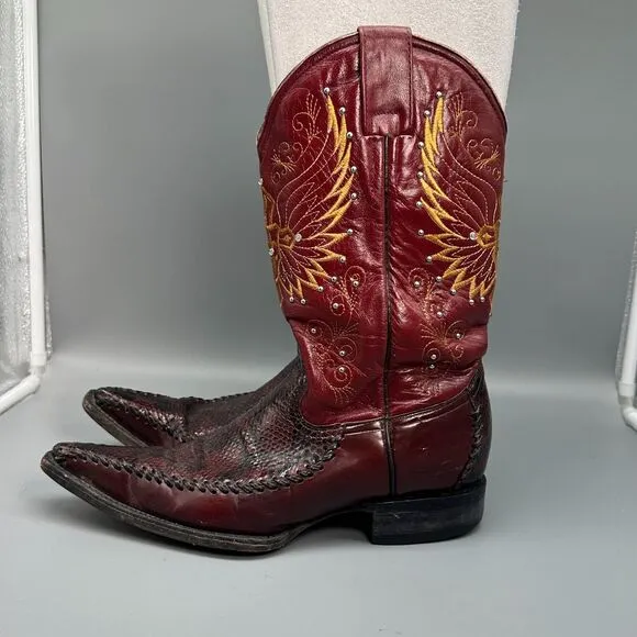Vintage El General Mens 8 Burgundy Red Western Boots Embroidered Snip Toe Cowboy