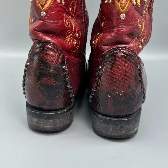 Vintage El General Mens 8 Burgundy Red Western Boots Embroidered Snip Toe Cowboy
