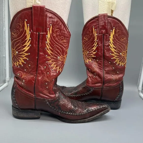 Vintage El General Mens 8 Burgundy Red Western Boots Embroidered Snip Toe Cowboy