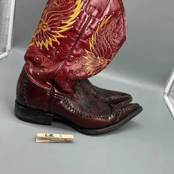 Vintage El General Mens 8 Burgundy Red Western Boots Embroidered Snip Toe Cowboy