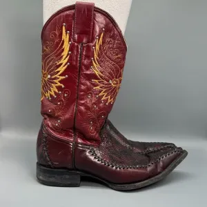 Vintage El General Mens 8 Burgundy Red Western Boots Embroidered Snip Toe Cowboy