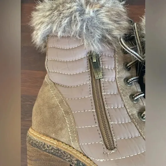 Vintage Havana Women's Lace Up Ankle Boots Faux Fur Trim  Block Heel Taupe 6.5
