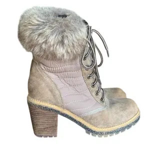 Vintage Havana Women's Lace Up Ankle Boots Faux Fur Trim  Block Heel Taupe 6.5