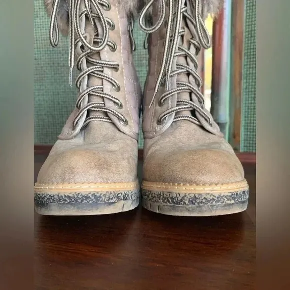 Vintage Havana Women's Lace Up Ankle Boots Faux Fur Trim  Block Heel Taupe 6.5