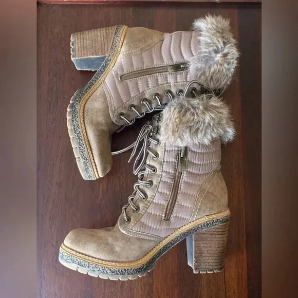 Vintage Havana Women's Lace Up Ankle Boots Faux Fur Trim  Block Heel Taupe 6.5
