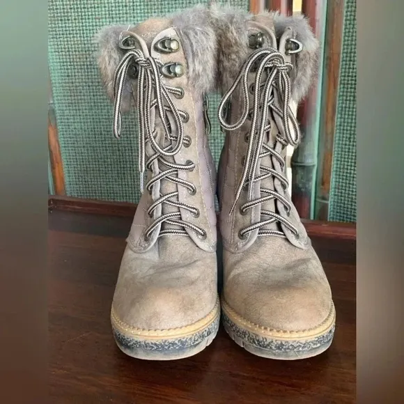 Vintage Havana Women's Lace Up Ankle Boots Faux Fur Trim  Block Heel Taupe 6.5
