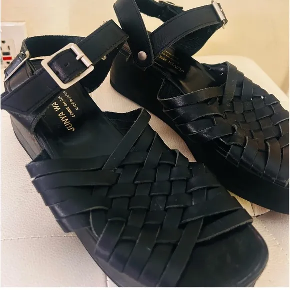 Vintage Junya Watanabe Comme d s Garçons Black Leather Platform Wedge Sandals 9