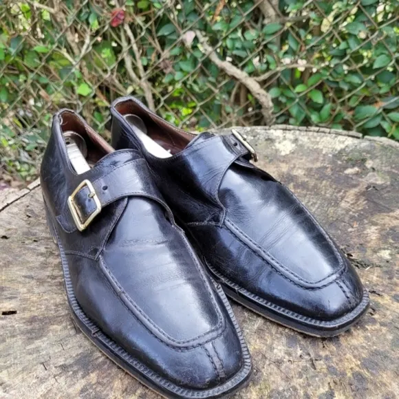 Vintage Men Black Leather Buckle Shoes By Quota Size EU 42 US 9