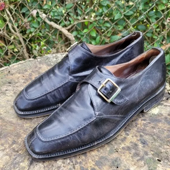 Vintage Men Black Leather Buckle Shoes By Quota Size EU 42 US 9