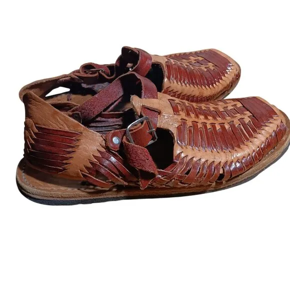 Vintage Men Size 8 Handmade Leather Huarache Sandals Made In Mexico Tire Sole