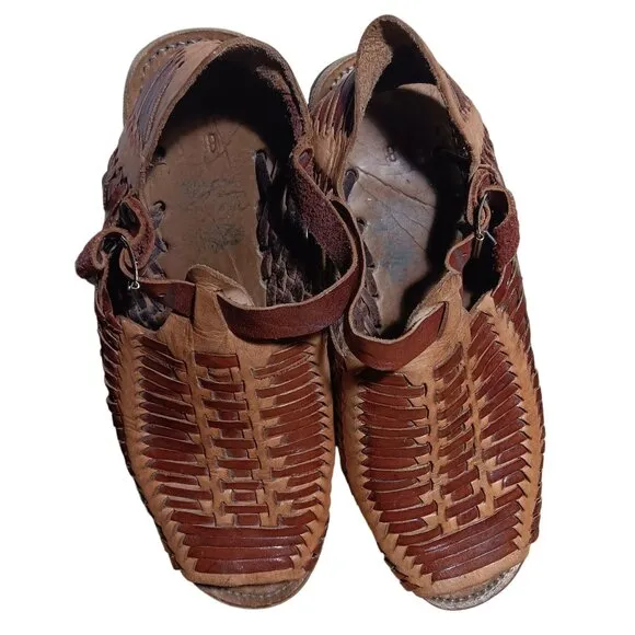 Vintage Men Size 8 Handmade Leather Huarache Sandals Made In Mexico Tire Sole