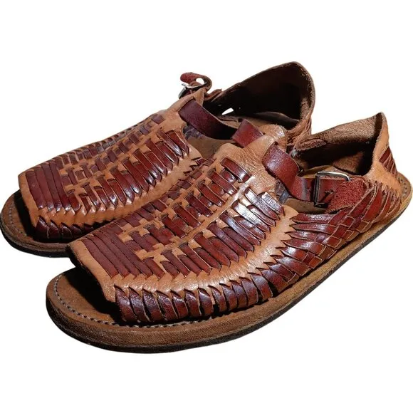 Vintage Men Size 8 Handmade Leather Huarache Sandals Made In Mexico Tire Sole