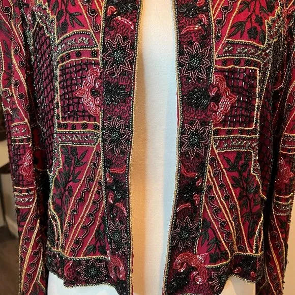 Vintage Niteline by Della Roufogali Red Beaded jacket, SIze Medium