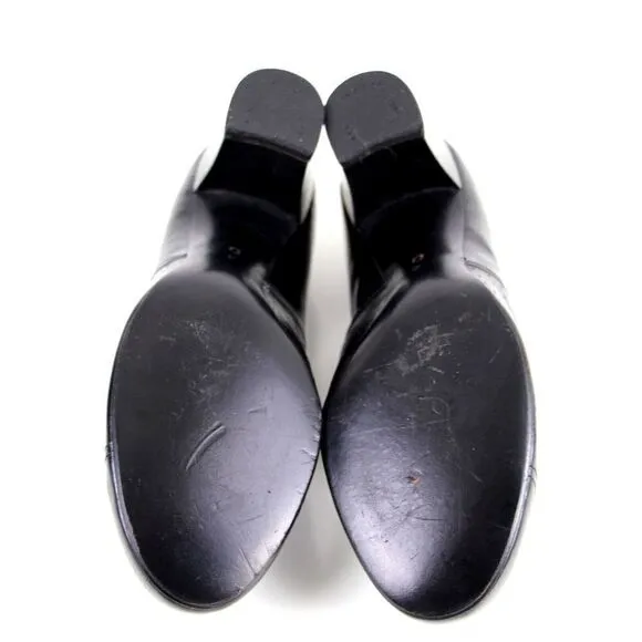 VINTAGE PERFORATED BLACK GENUINE LEATHER MID HEEL ROUND TOE PULL ON SHOES Sz 4D