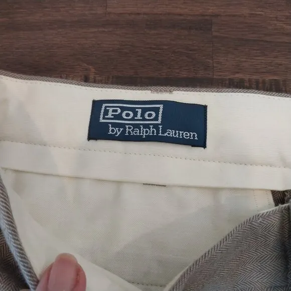 VINTAGE Polo Ralph Lauren Pants Men 34x34 Beige Tweed Cotton Herringbone Pleated