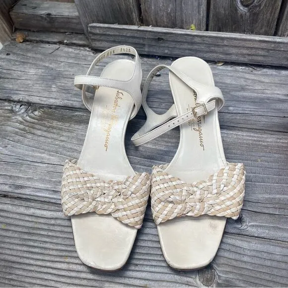 Vintage Salvatore Ferragamo Slingback white and beige woven leather sandals 7.5