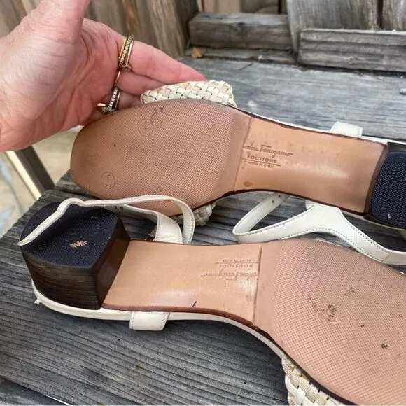 Vintage Salvatore Ferragamo Slingback white and beige woven leather sandals 7.5