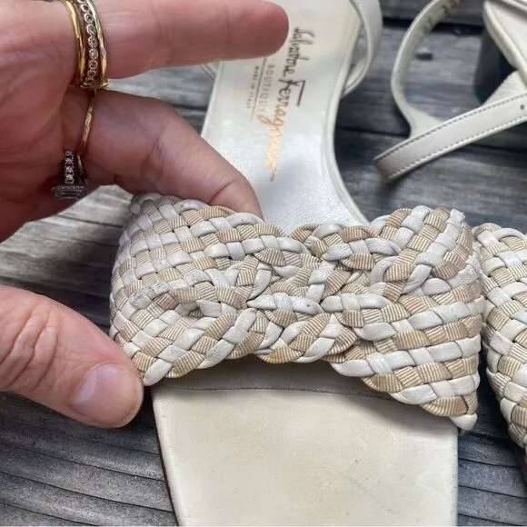 Vintage Salvatore Ferragamo Slingback white and beige woven leather sandals 7.5