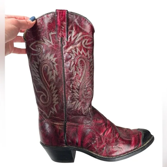 Vintage Sheplers Red Leather Cowboy Boots Size 10D Western Rodeo Distressed