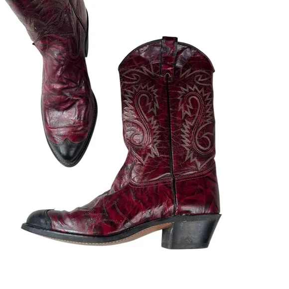 Vintage Sheplers Red Leather Cowboy Boots Size 10D Western Rodeo Distressed