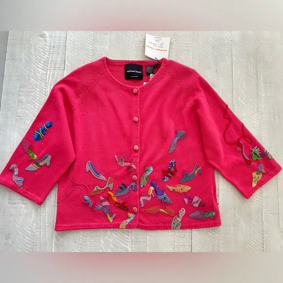 Vintage Y2K Michael Simon Beaded &amp; Embroidered Cardigan Shoes Sweater NWT  Large