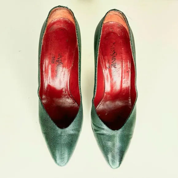 Vintage YSL Yves Saint Laurent Green Snake Skin Pumps Size 9.5