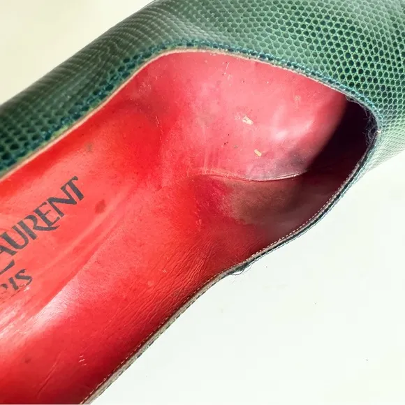Vintage YSL Yves Saint Laurent Green Snake Skin Pumps Size 9.5