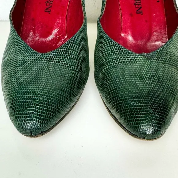 Vintage YSL Yves Saint Laurent Green Snake Skin Pumps Size 9.5