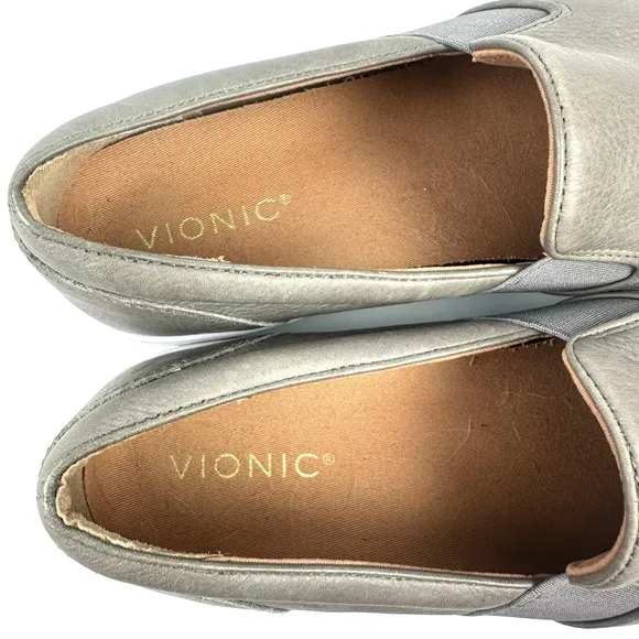Vionic Demetra 10 Loafers Gray Leather  Slip On Shoes Arch Support Womens