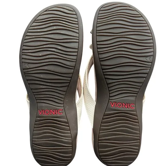Vionic Leather Thong Sandals with Bow Bella II Woven Cream - size 8