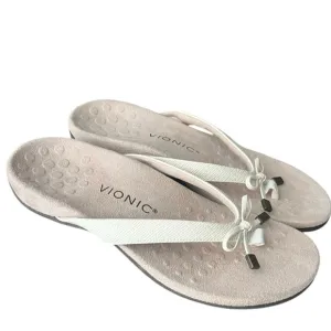 Vionic Leather Thong Sandals with Bow Bella II Woven Cream - size 8