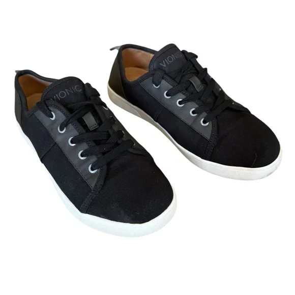 Vionic Pisces Black Canvas &amp; Leather Low Top Lace Up Sneakers Women's Size 8W
