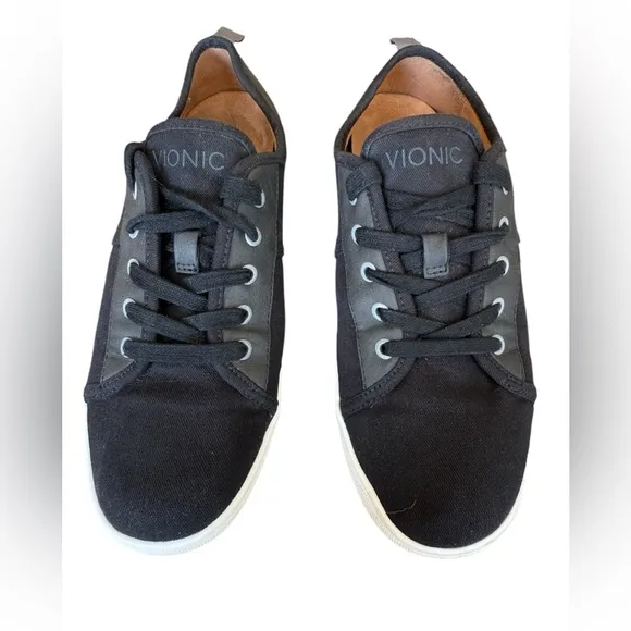 Vionic Pisces Black Canvas &amp; Leather Low Top Lace Up Sneakers Women's Size 8W