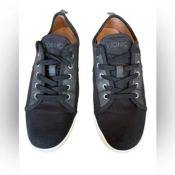 Vionic Pisces Black Canvas &amp; Leather Low Top Lace Up Sneakers Women's Size 8W