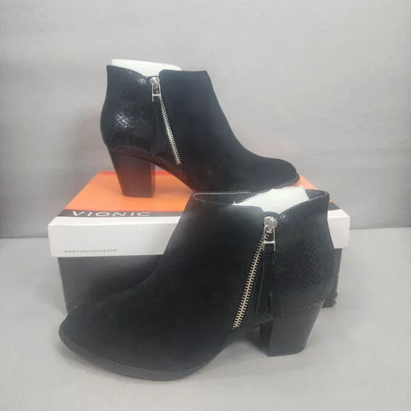 Vionic Upright Anne Black Suede &amp; Snake Embossed Comfort Ankle Boots 9 NEW