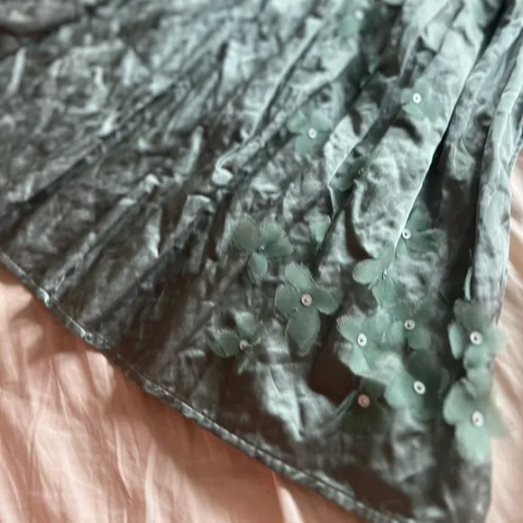 VTG silvery green Left of Center skirt sz 2 cotton/poly skirt bow sheer flowers