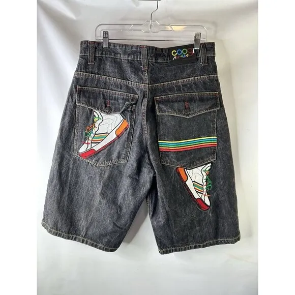 VTG Y2K COOGI Sneaker Shoes Stitched Baggy Denim Jean Shorts Jorts