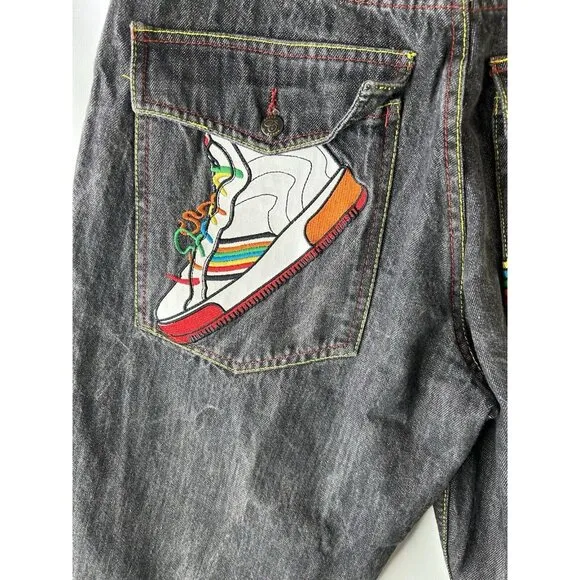 VTG Y2K COOGI Sneaker Shoes Stitched Baggy Denim Jean Shorts Jorts
