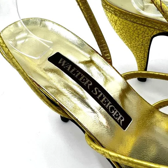 Walter Steiger Vintage Gold Metallic Heels Spaghetti Strap Wrap Ties