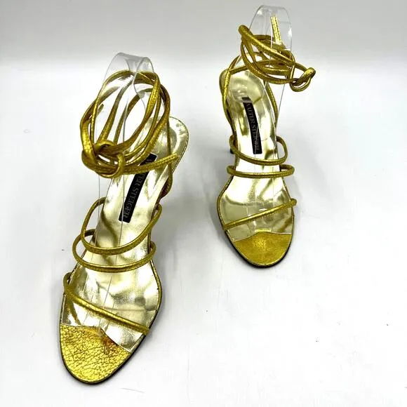 Walter Steiger Vintage Gold Metallic Heels Spaghetti Strap Wrap Ties