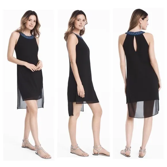 WHBM Black Embellished Neck Black Woven Overlay Dress E16