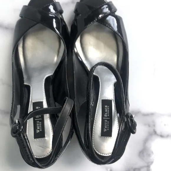 White House Black Market Wedge Karen Black Patent Leather Sandals Size 6.5m