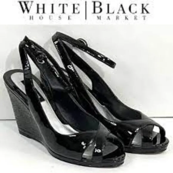 White House Black Market Wedge Karen Black Patent Leather Sandals Size 6.5m