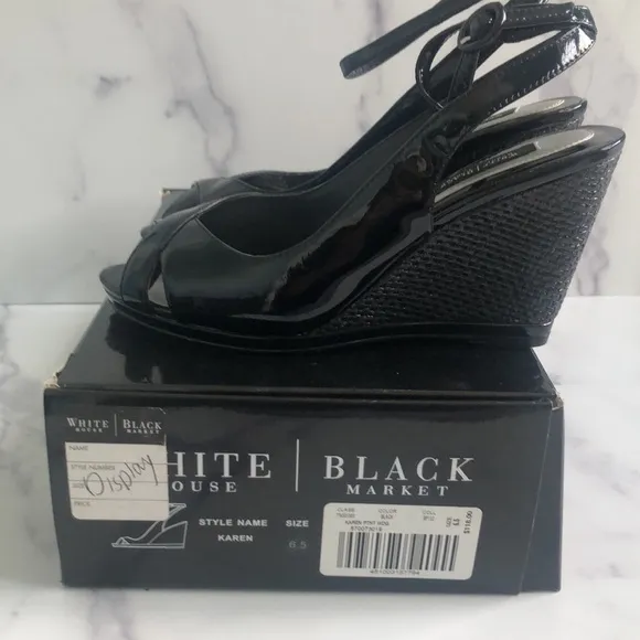 White House Black Market Wedge Karen Black Patent Leather Sandals Size 6.5m