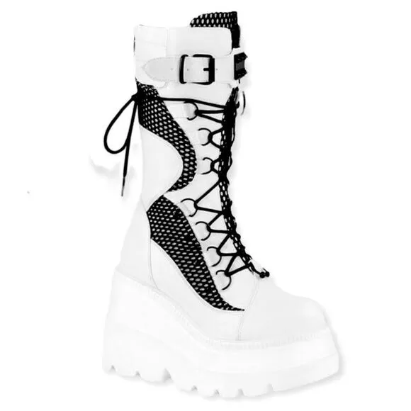 White Black Mesh D Rings Zipper Tall Platform Combat Boots NEW