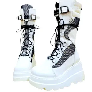 White Black Mesh D Rings Zipper Tall Platform Combat Boots NEW