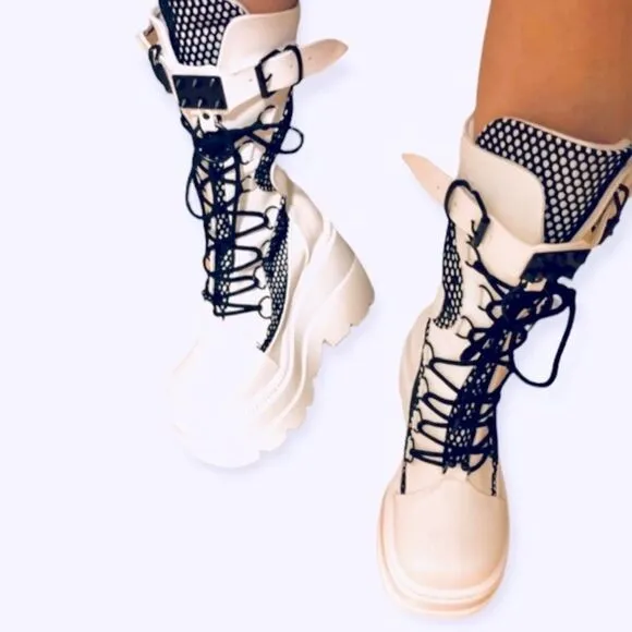 White Black Mesh D Rings Zipper Tall Platform Combat Boots NEW