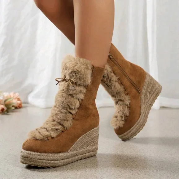 Women Fashion Side Zip Colorblock Fuzzy Warm Lining Platform Ankle Boots,Trendy
